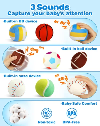 Vista 3 de Vanmor Pelotas deportivas sensoriales para bebés de 6 a 12 meses, paquete de 6 bolas de felpa lavables a máquina con arrugados, sonajeros, sonidos