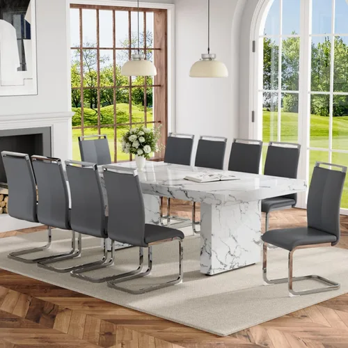 Vista 15 de Ebullient - Juego de mesa de comedor de mármol de 79 pulgadas para 6, mesa con patrón de mármol blanco de 3.5 pulgadas con base de MDF estable