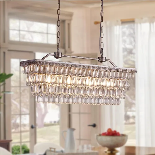 Vista 9 de Wellmet Candelabro de cristal para comedor, lámpara de techo rectangular de cristal de bronce antiguo de 30 pulgadas, 4 luces, iluminación de isla
