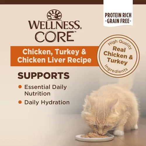Vista 3 de Wellness CORE Pate - Alimento húmedo enlatado para gatos adultos, natural, rico en proteínas, sin granos, receta de pollo y pavo, 3 onzas, paquete