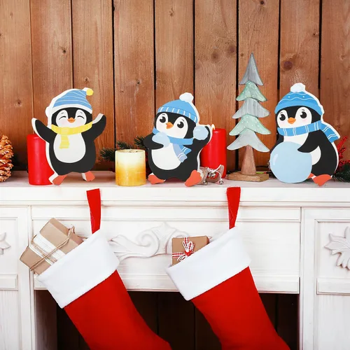 Vista 5 de COCHIE Decoraciones de Navidad de pingüinos para interior, lindo juego de decoración de bandeja escalonada de pingüinos de invierno de 3 piezas