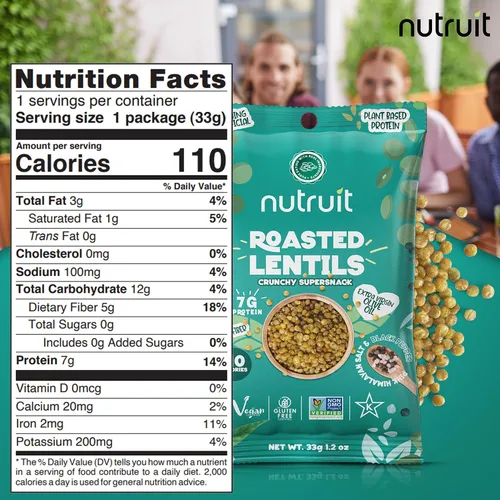 Vista 2 de Nutruit Snack de Lentejas Tostadas - Sal del Himalaya y Pimienta Negra Saludable - Vegano, Sin Gluten, Sin OMG, Alto en Proteínas, Saludable Para