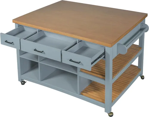 Vista 7 de LUMISOL 52" Kitchen Cart with Rubber Wood Top & Pull-Out Pantry, Blue Gray
