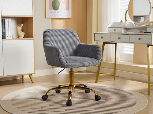 Vista 10 de KCC Silla de Tocador de Maquillaje de Tela de Pana, Sillón Giratorio Esponjoso Moderno con Ruedas, Tapizada Mullida de Altura Ajustable para Niñas
