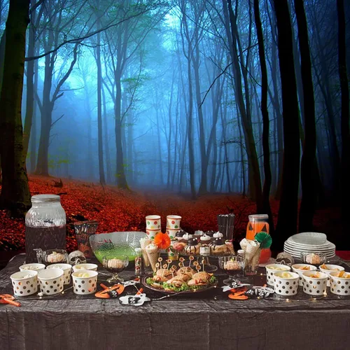 Vista 3 de Misty Forest Backdrop Halloween Eve Dark Blue Fog Fall Autumn Maple Leaves Woods Background for Thanksgiving Party Photography Studio Photo Booth