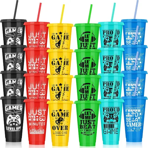 Vista 15 de Kochorie 18 tazas de fiesta de fútbol de 24 onzas con tapas y pajitas, vaso de plástico reutilizable, tazas de viaje para niños, entrenadores