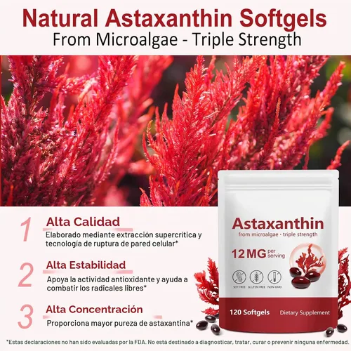 Vista 8 de flasture Astaxantina 12 mg, 120 cápsulas blandas, suministro para 4 meses, suplementos de astaxantina premium de microalgas naturales, potente