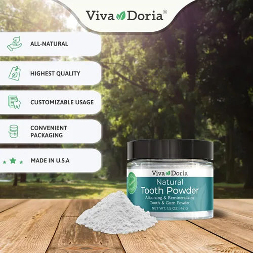 Vista 2 de Viva Doria Polvo dental natural, remineralizante, blanqueamiento dental natural, ambientador de aliento Sabor refrescante a menta Tarro