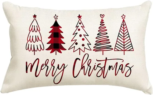 Vista 11 de RABUSOFA Fundas de almohada de Navidad de 12 x 20 pulgadas, almohadas decorativas de árbol de Navidad, fundas de cojín rojas de Navidad para Rojo