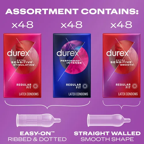 Vista 2 de Durex - Paquete Adventure de condones, lisos y estriados, a granel, preservativos de látex de ajuste regular