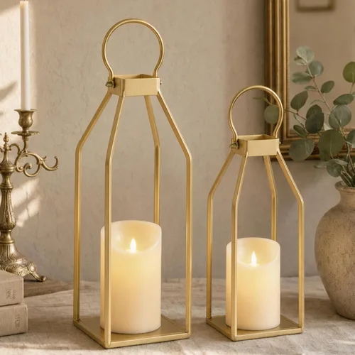 Vista 13 de Perfnique Linternas de metal con madera de pino, juego de 2 linternas de estilo casa de campo decorativas con vela sin llama impermeable y 14.8