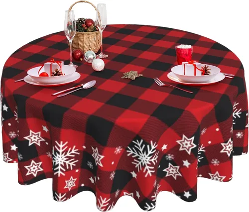 Vista 29 de Mantel redondo de Navidad con diseño de copos de nieve de Navidad para cocina, comedor, decoración de mesa de poliéster lavable para mesa de bufé