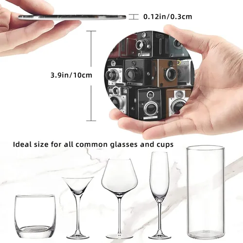 Vista 6 de Retro Cool Camera Collection Coasters Set of 6 with Holder Non-Slip Leather Coaster for Drinks Round Drink Coaster for Tabletop Protection, Cup Mat