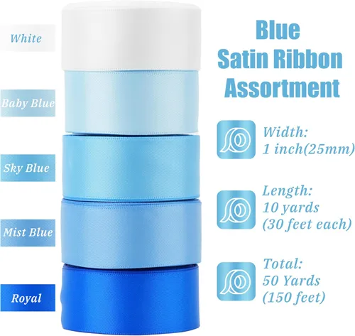 Vista 2 de MAYREEL Cinta de satén azul de 1 pulgada, color azul claro para envolver regalos, bodas, despedidas de soltera, decoraciones de fiesta, 5 rollos