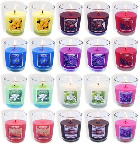 Vista 13 de Juego de 20 velas votivas blancas rellenas de vidrio transparente sin perfume de cera de soja para el hogar, spa, bodas, cumpleaños, vacaciones