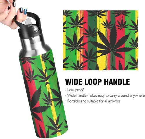 Vista 4 de BPA-Free Sports Water Bottle with Straw 20 Oz, Stainless Steel Water Bottle for Gym Outdoor Travel School, Black Leaves Colorful Stripes