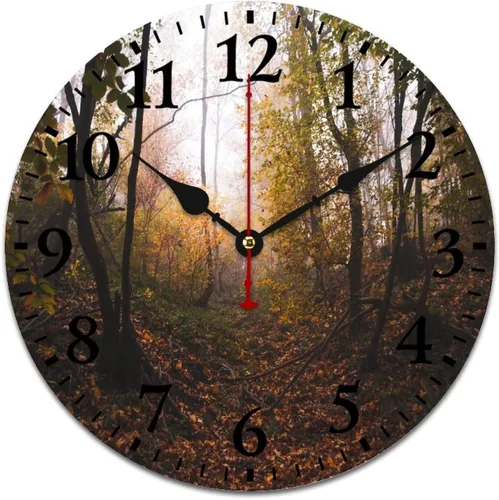 Vista 14 de Generic Reloj de pared de madera, bosque brumoso, redondo, retro, 10 pulgadas, movimiento de cuarzo con pilas Estampado