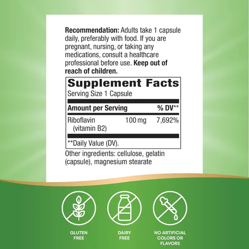 Vista 5 de Nature's Way Riboflavina Vitamina B2, Apoya la Producción de Energía Celular*, Riboflavina de Alta Potencia, 100 mg por porción, 100 cápsulas
