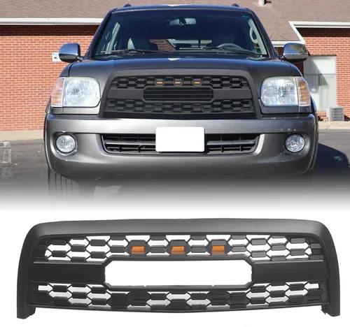Vista 8 de Rejilla frontal compatible con pastillas Tundra Base/Limited/SR5 2000 2000 2001 2002, estilo TRD con luces LED, parrilla frontal ABS, negro mate