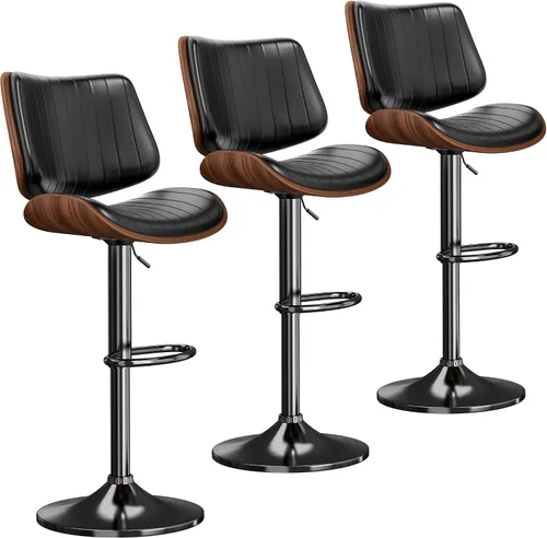 Vista 27 de Juego de 1 taburetes de bar giratorios de madera curvada ajustables para encimera de cocina, moderna silla de bar tapizada de piel sintética