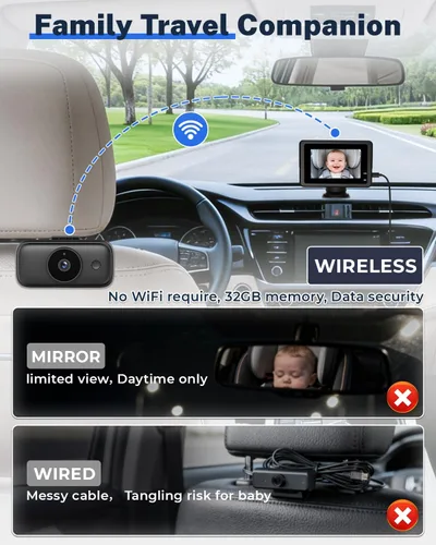 Vista 6 de Cámara inalámbrica de coche para bebé, batería de 10000 mAh, pantalla de 4.3 pulgadas y monitor de bebé de coche HD 1080P