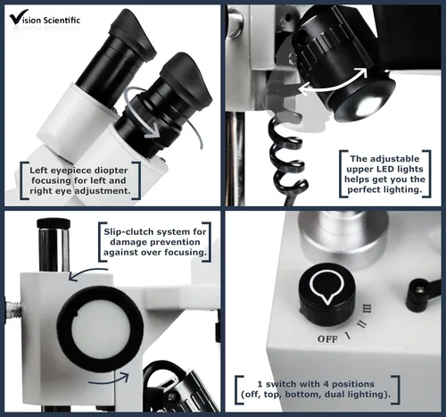 Vista 4 de Microscopio estéreo binocular VMS0002-LD-12-ES2, oculares WF10x y WF20x, objetivos 1x y 2X, aumento de 10x, 20x y 40x, iluminación LED superior e