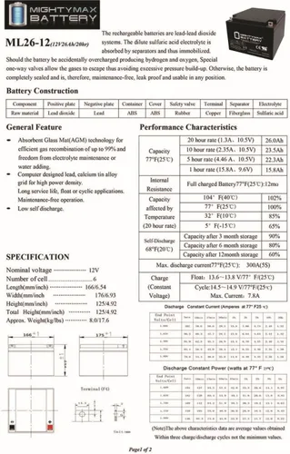 Vista 6 de Mighty Max Battery ML26-12 12 volt 26 Ah T3 Terminal - Batería de ácido de plomo sellada, producto