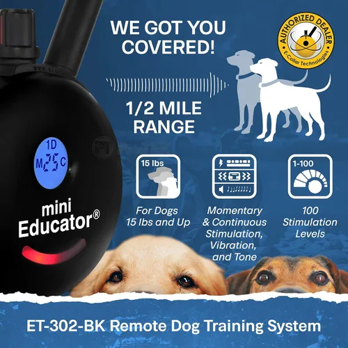 Vista 2 de Educator ET-302 Collar Mini Negro E para Adiestramiento de Perros con Control Remoto - Alcance de 1/2 Milla, Resistente al Agua, 100 Niveles