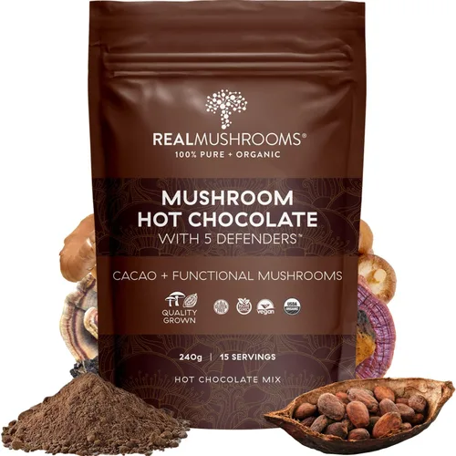 Vista 2 de Real Mushrooms Mezcla de chocolate caliente (15 porciones) y Cordyceps (60 porciones) en polvo – Suplemento en polvo de hongos para energía