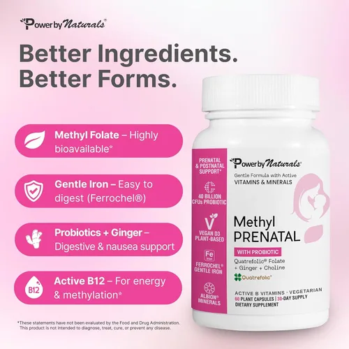 Vista 3 de Power By Naturals Metil prenatal con probióticos - Vitaminas prenatales para mujeres con hierro, folato de metilo, nutrientes B12 y 28 y botánicos