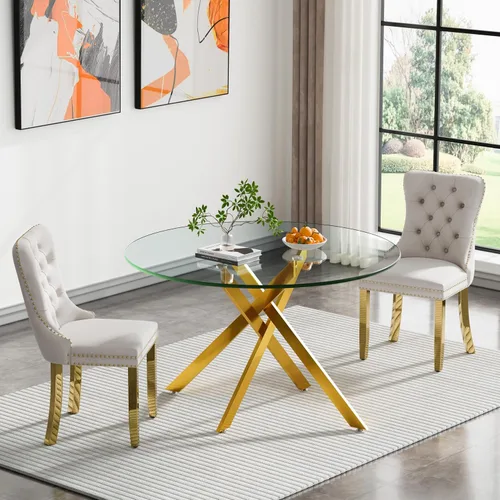 Vista 66 de Juego de mesa de comedor de cristal plateado moderno de 47 pulgadas para 2, juego de mesa de comedor de cocina redonda de 3 piezas con patas