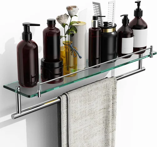 Vista 8 de Toallero con estante de 16 pulgadas, estante de baño con barra de toalla de vidrio templado, dorado cepillado moderno, acero inoxidable a prueba