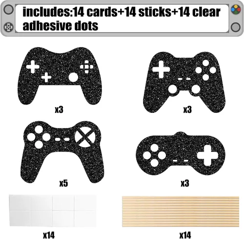 Vista 4 de Suministros para fiestas de videojuegos, centro de mesa, 14 unidades, decoración de mesa de fiesta negra con purpurina para juegos de niños