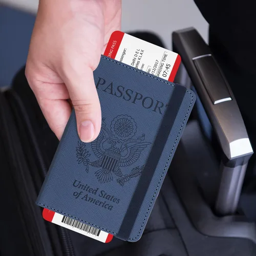 Vista 6 de RSAquar Soporte para pasaporte para mujeres y hombres, de piel sintética de alta calidad, cartera de pasaporte de viaje, con bloqueo RFID, cubierta