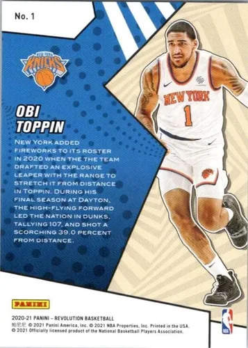 Vista 2 de 2020-21 Panini Revolution Rookie Revolution Basketball #1 Obi Toppin New York Knicks Official NBA Trading Card