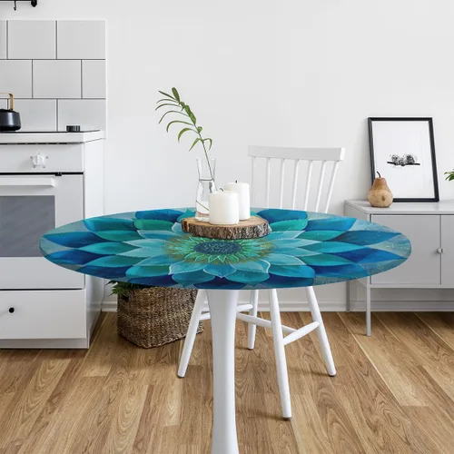 Vista 7 de Pardick Mantel redondo ajustable con diseño de flores color verde azulado, con diseño de mandala, con elástico, impermeable, lavable