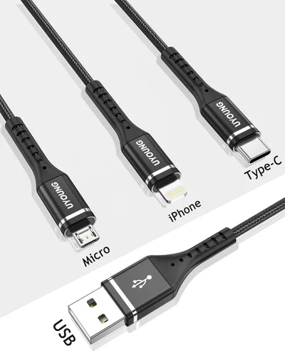 Vista 8 de Cable de carga múltiple corto de 1 pie, paquete de 2 cables de carga 3 en 1, cables universales trenzados para teléfono con conectores