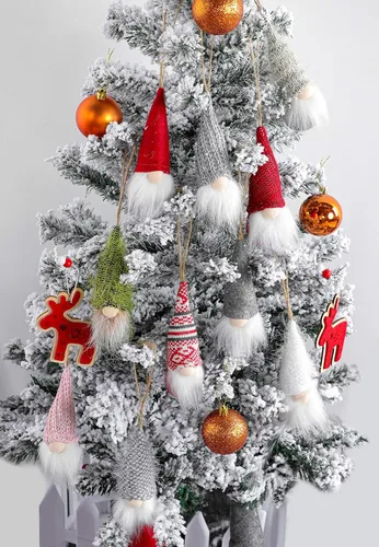 Vista 4 de Juego de 10 gnomos colgantes para árbol de Navidad, gnomos de felpa suecos hechos a mano, Papá Noel, elfo, decoración para el hogar, decoración