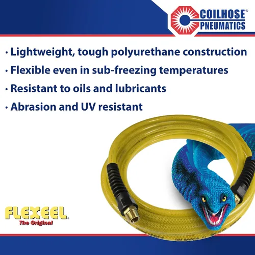 Vista 2 de Coilhose Pneumatics PFE60254TY Flexeel Manguera de aire de poliuretano reforzado, 3/8" diámetro interior, 25' de longitud con (2) accesorios