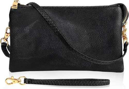 Vista 15 de Humble Chic bolsa pequeña de piel vegana, para usar cruzada o cartera con ajuste de pulsera, incluye hombro ajustable y correa para muñeca. Oro