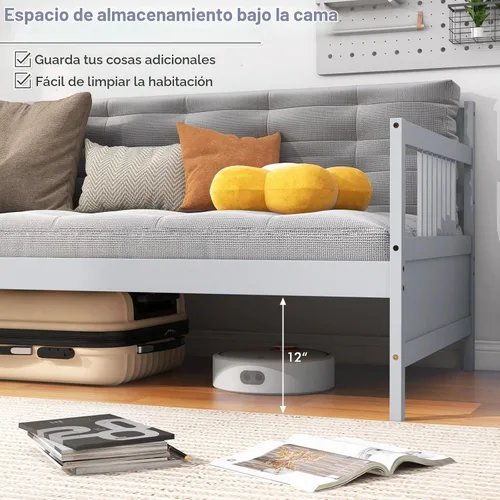 Vista 6 de KOMFOTT Marco de sofá cama de madera tamaño individual, marco de cama de sofá con soporte de listones de madera, no necesita somier, marco de sofá