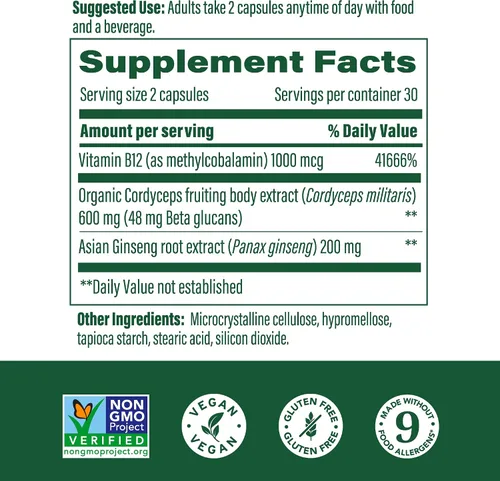 Vista 2 de MegaFood Superfood Mushroom Energy Support - Suplemento de hongos Cordyceps con vitaminas B12 metiladas y Panax Ginseng, formulado por médicos, sin