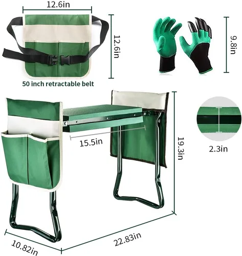 Vista 2 de Taburete plegable de jardín resistente con guantes de bolsillo extraíbles grandes y almohadilla de EVA suave para amantes de la jardinería