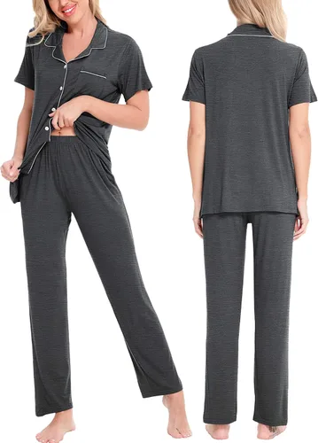 Vista 2 de SWOMOG conjunto de pijama de dos piezas para mujer, ropa de dormir de manga corta, con botones, pantalones largos