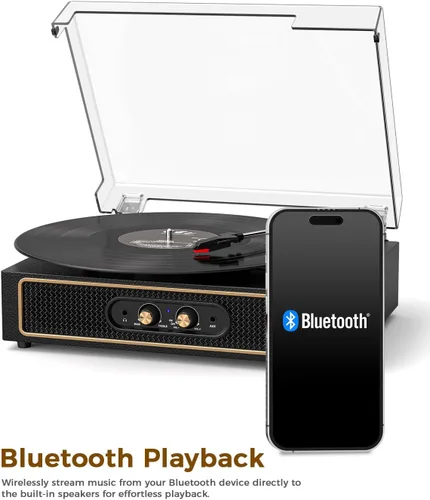 Vista 9 de Tocadiscos retro Bluetooth con altavoces integrados, tocadiscos de 3 velocidades por correa, control de graves y agudos, reproductor de vinilo Negro