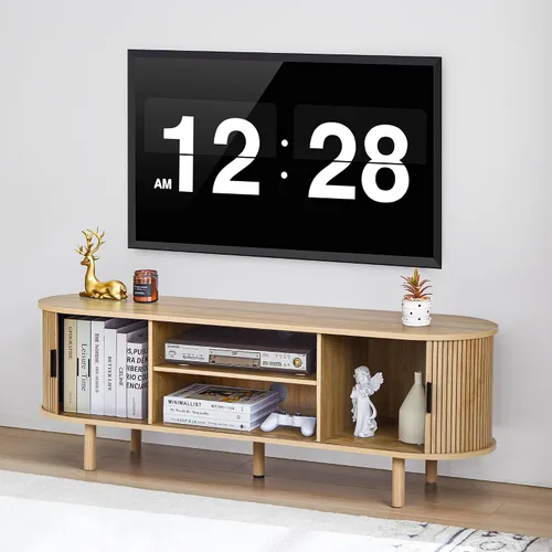 Vista 4 de Janmer Home Soporte de TV acanalado de 54 pulgadas con almacenamiento, consola de TV moderna de mediados de siglo con puertas correderas Tambour