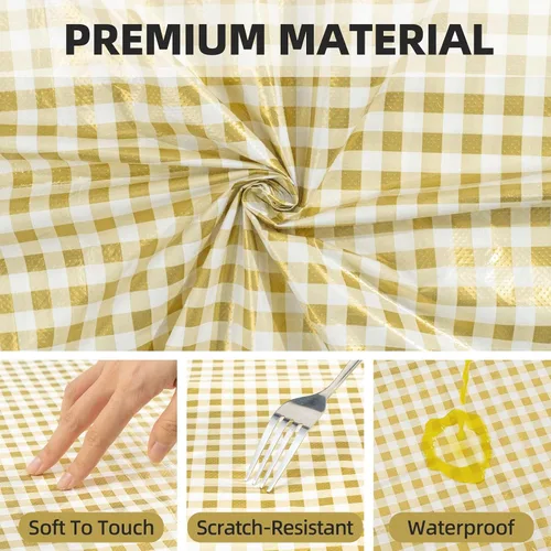 Vista 5 de Paquete de 3 manteles dorados de Gingham, mantel desechable de plástico a cuadros dorado y blanco de 54 x 108 pulgadas rectangular, mantel