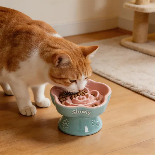 Vista 2 de Ceramic Dog and Cats Slow Feeder Treats Bowl with Raised Design for Small Pet Helps Choking and Improves Digestion Pet Slow Feeder Bowl caramel