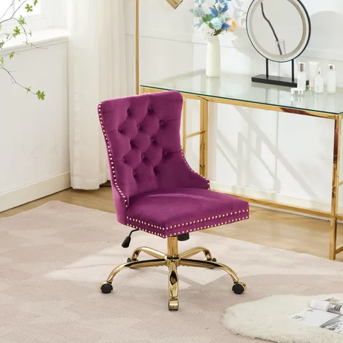 Vista 20 de Bonita silla de tocador beige con ruedas, silla de escritorio de oficina cómoda sin brazos de terciopelo para el hogar, silla giratoria