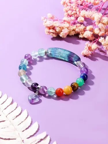 Vista 2 de Jovivi Pulseras de 7 chakras para mujeres y hombres, piedras preciosas naturales de chakras de 0.315 pulgadas, cuentas redondas de amatista, pulsera